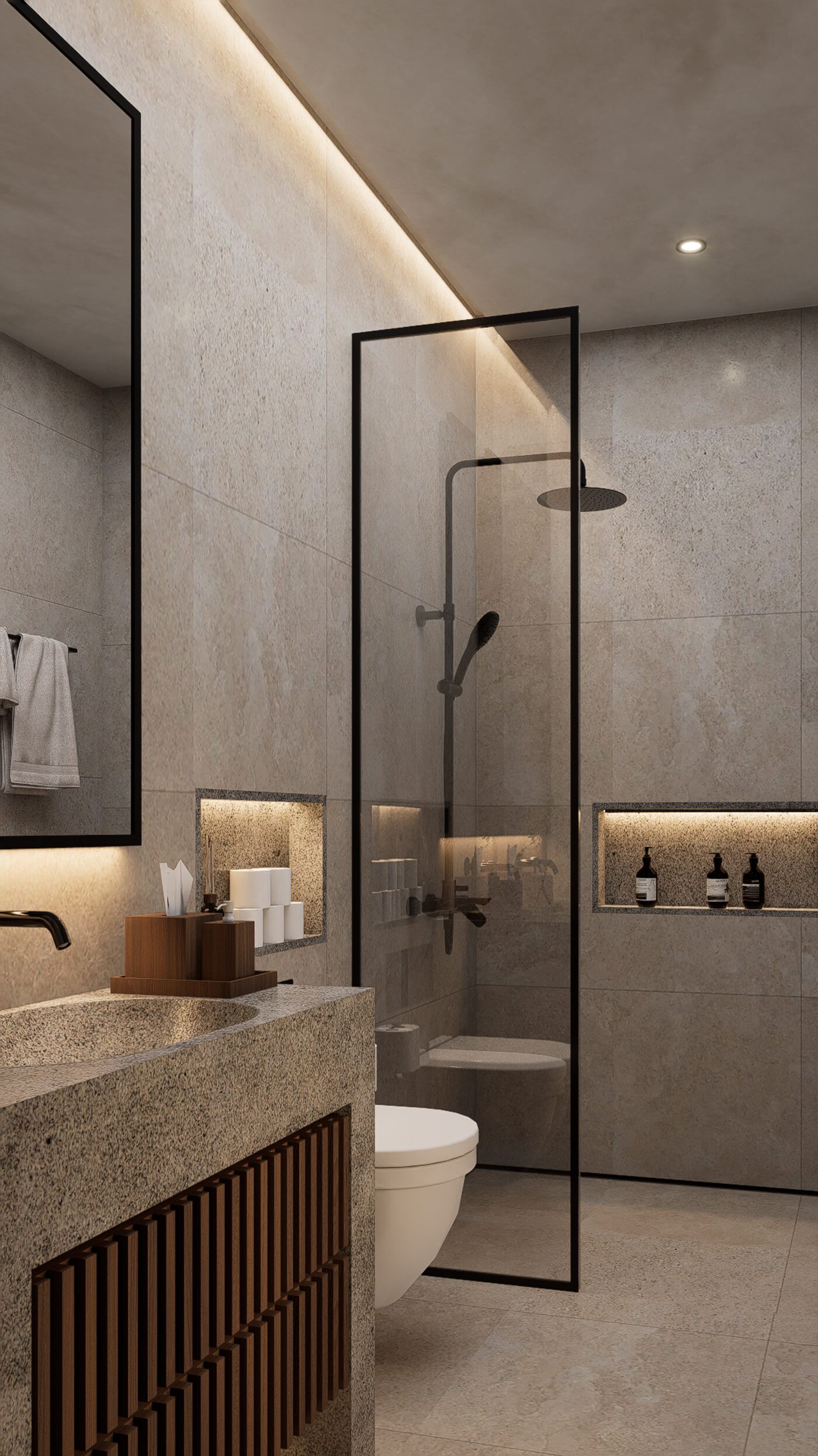 Apartment bathroom, stone vanity and rain shower