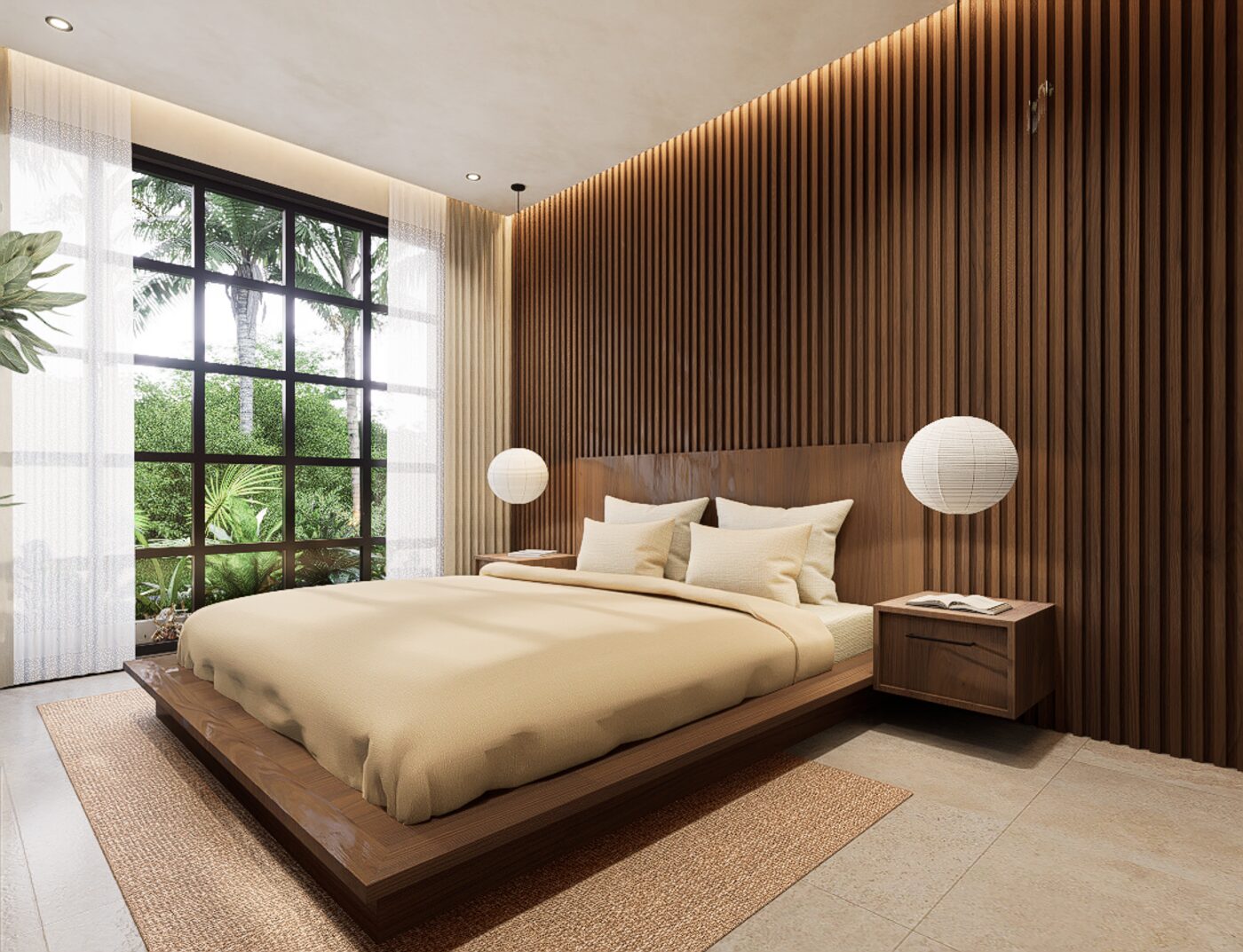 Apartment bedroom, timber slat headboard, garden view