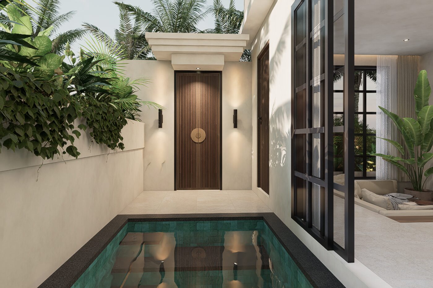 Apartment entrance, plunge pool at the door