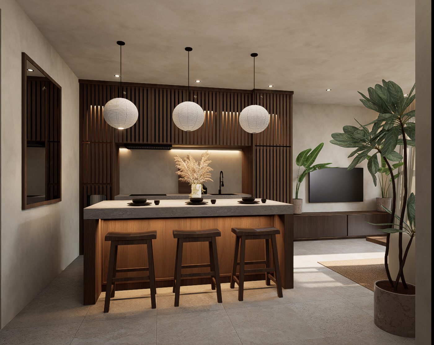 Apartment kitchen island under woven pendants