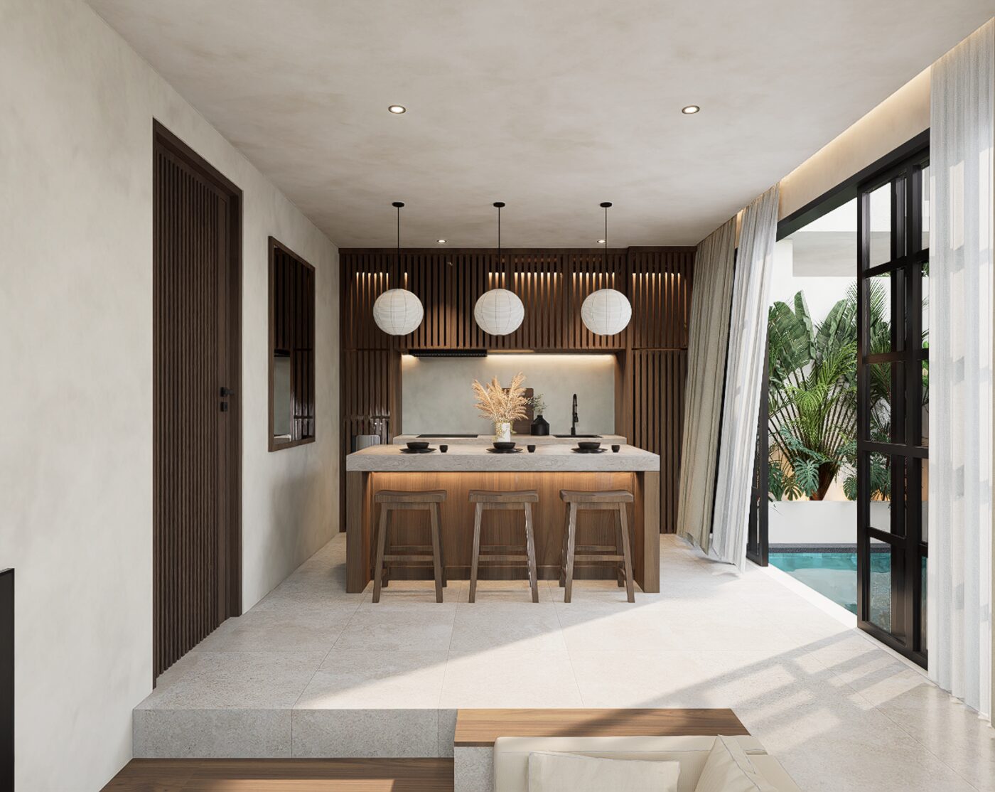 Apartment kitchen and living opening to the pool courtyard