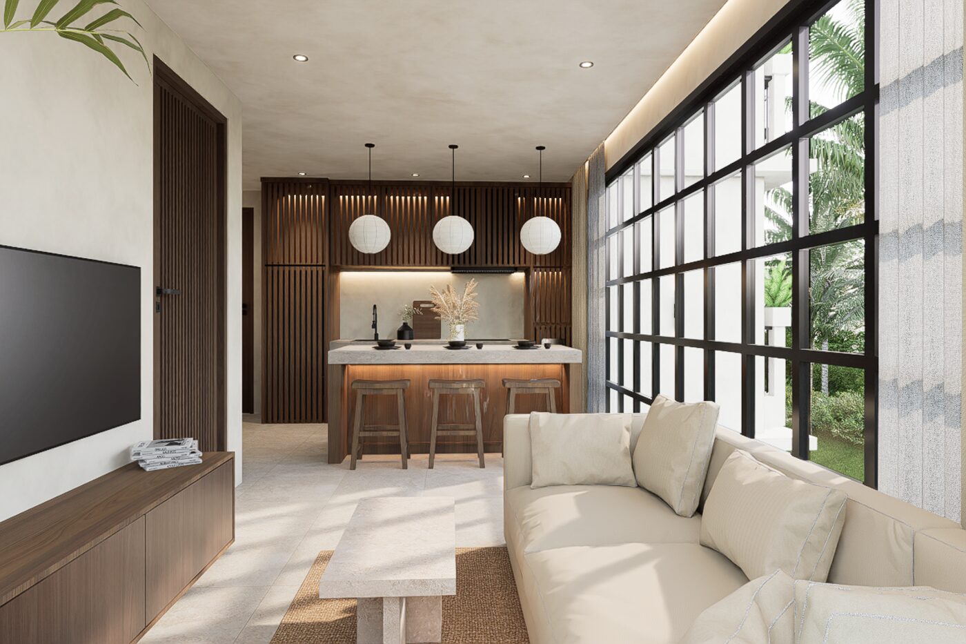 Corner apartment living room with full-height glazing