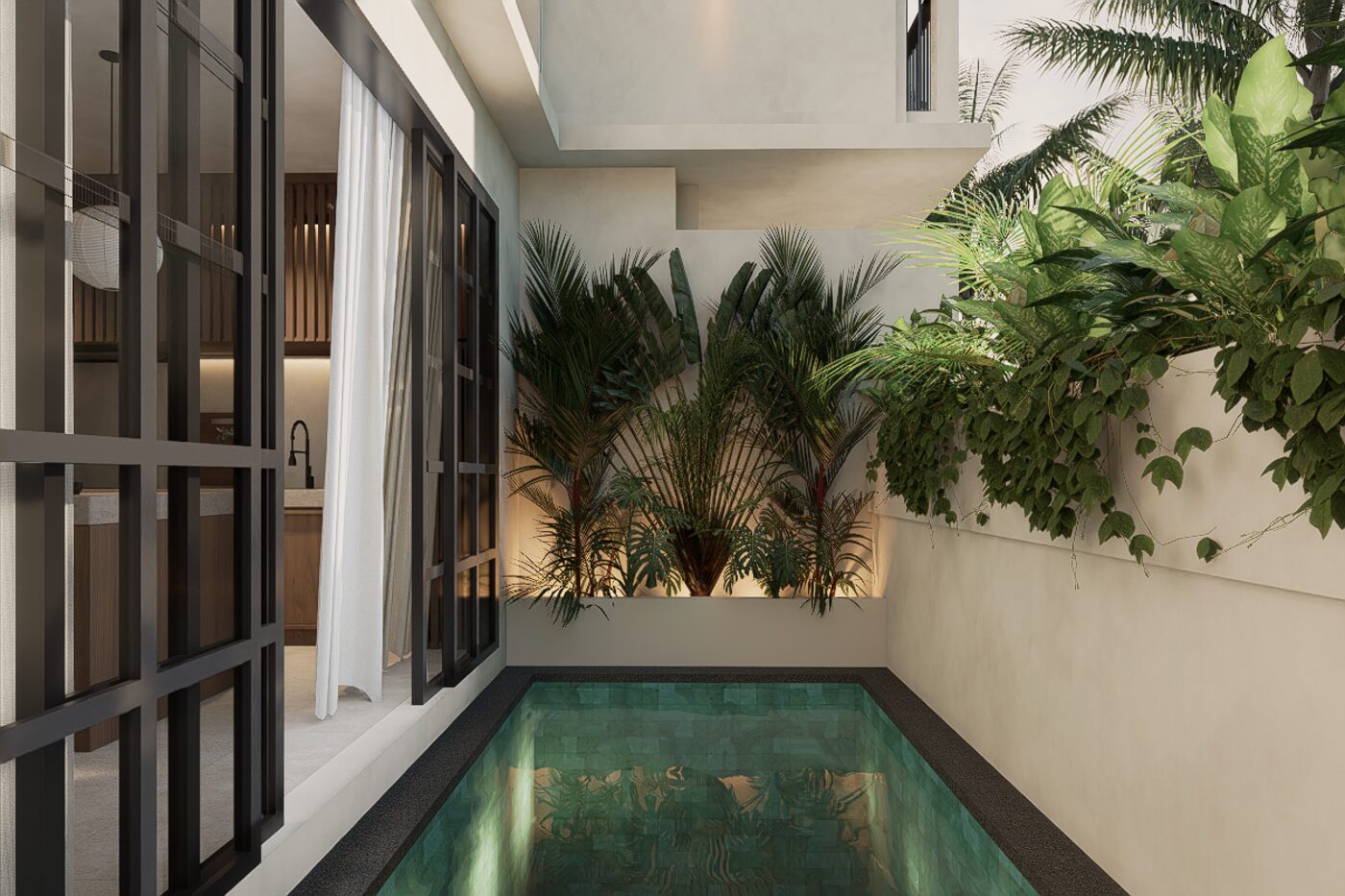 Ground-floor pool courtyard between limewash walls