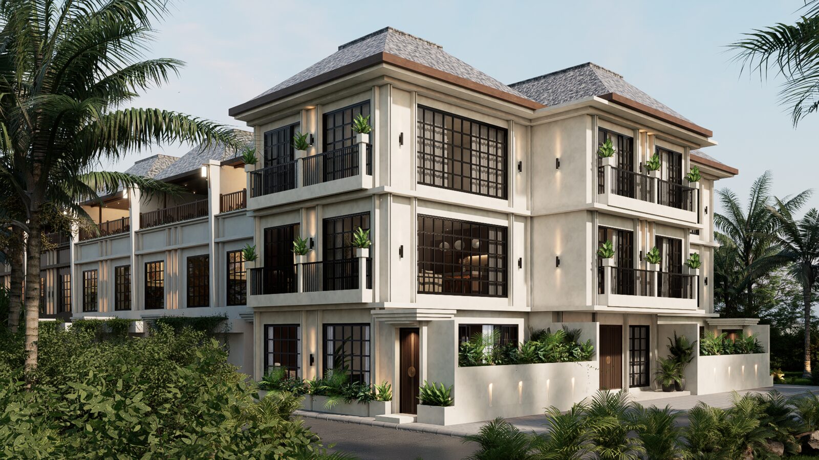Apartments and the villa row, from the corner