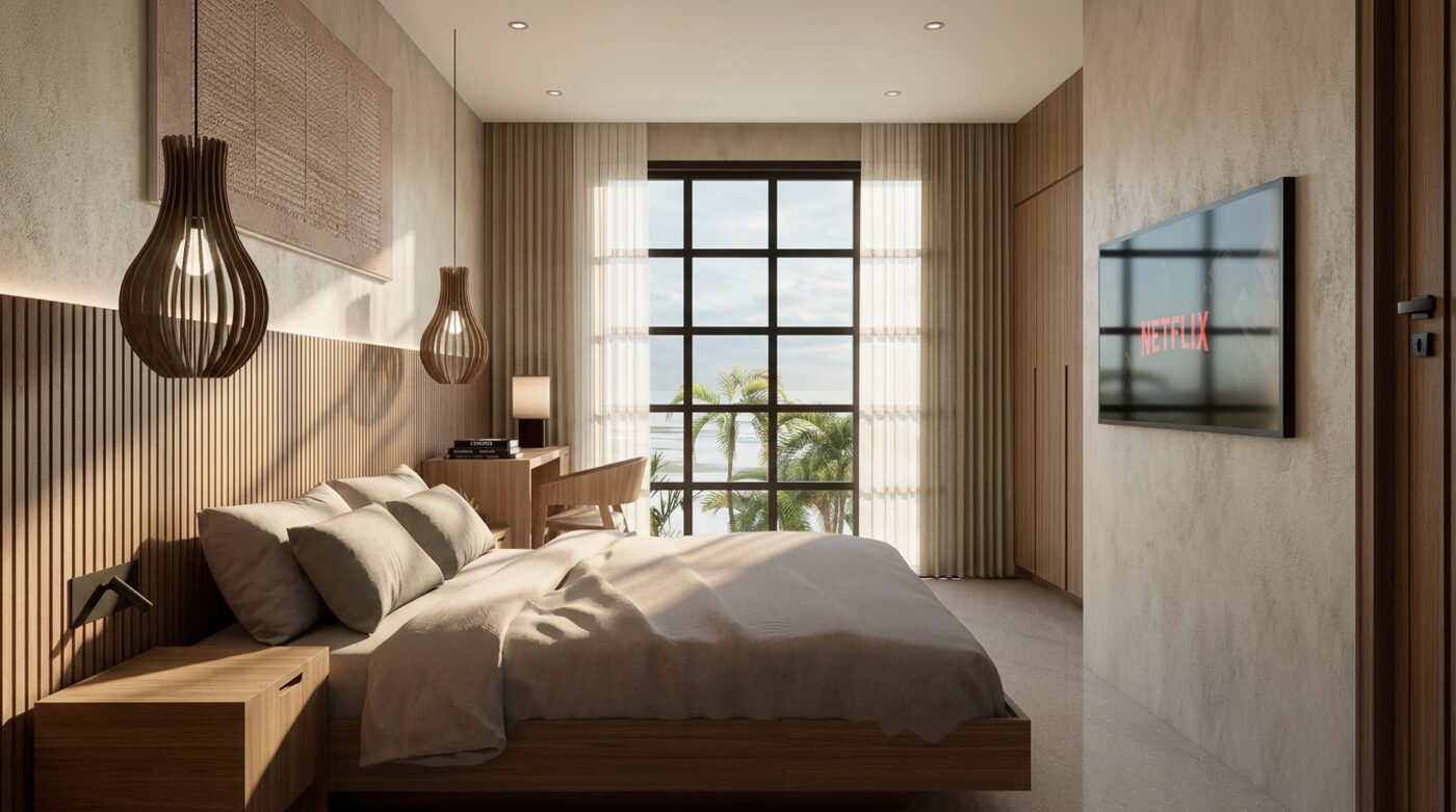 Villa bedroom with woven pendant light