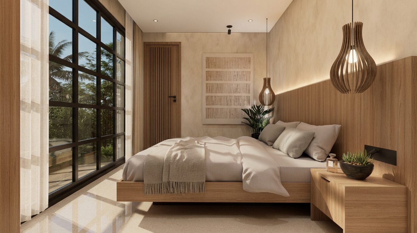 Villa bedroom, timber headboard wall, soft morning light