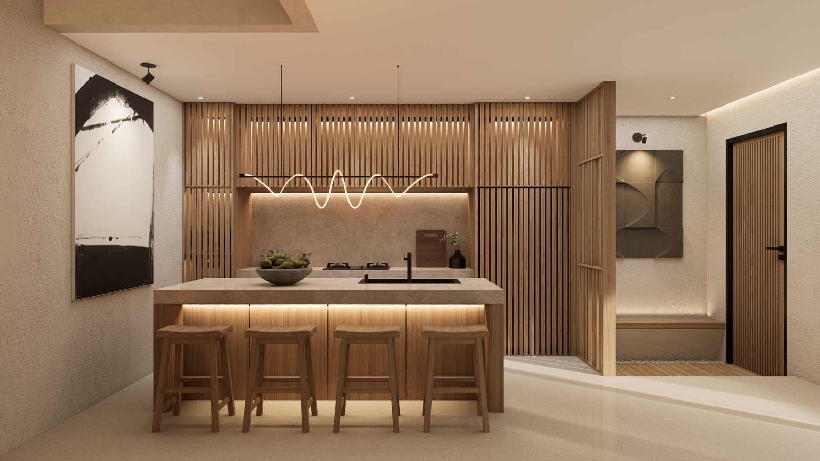 Villa kitchen in pale oak and stone