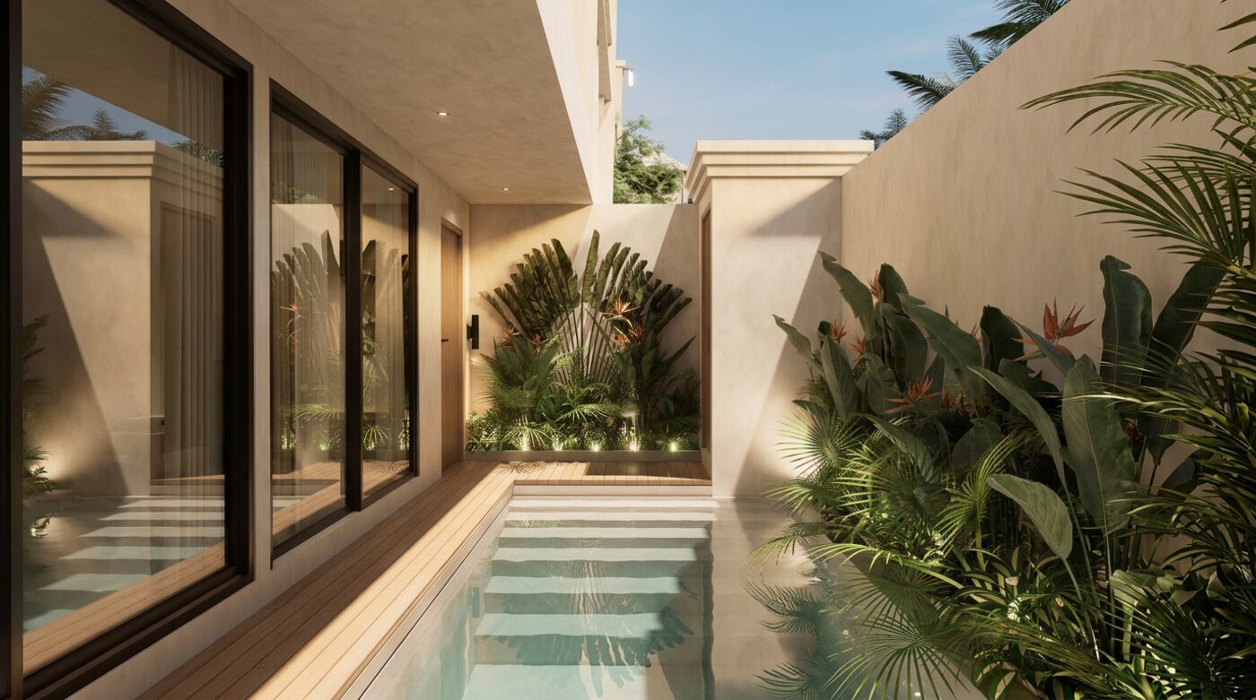 Villa plunge pool with stepping pads